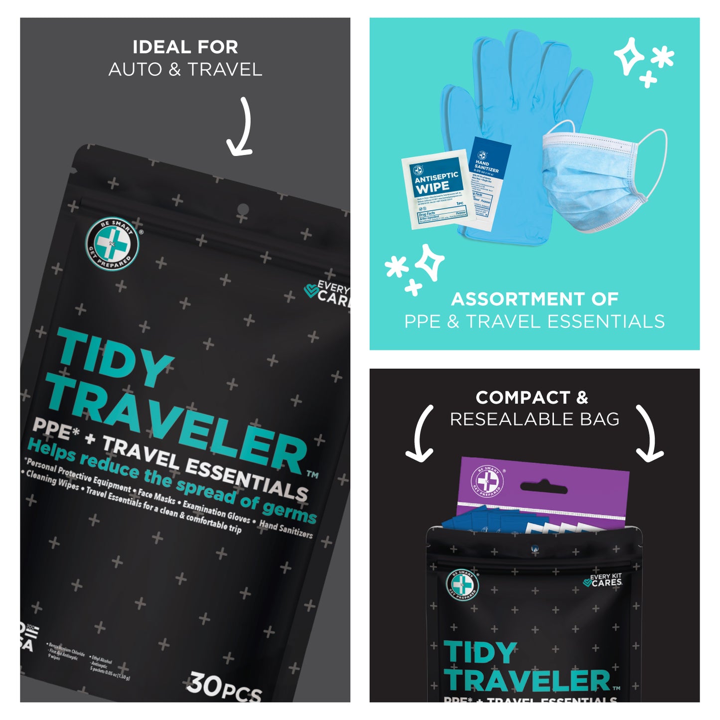 Tidy Traveler PPE + Travel Essentials – 30 pieces
